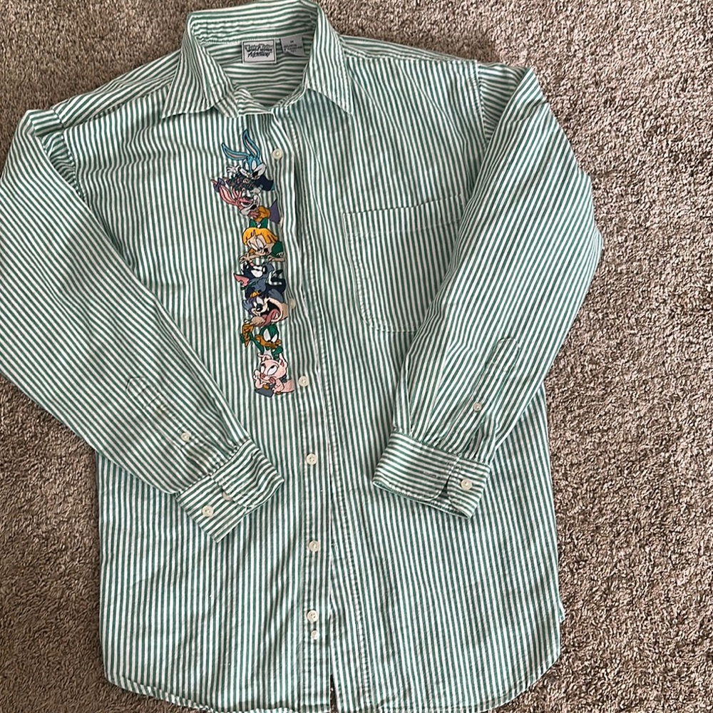 Classic 90s vintage Green Striped Shirt with Cartoon Design. 100% cotton